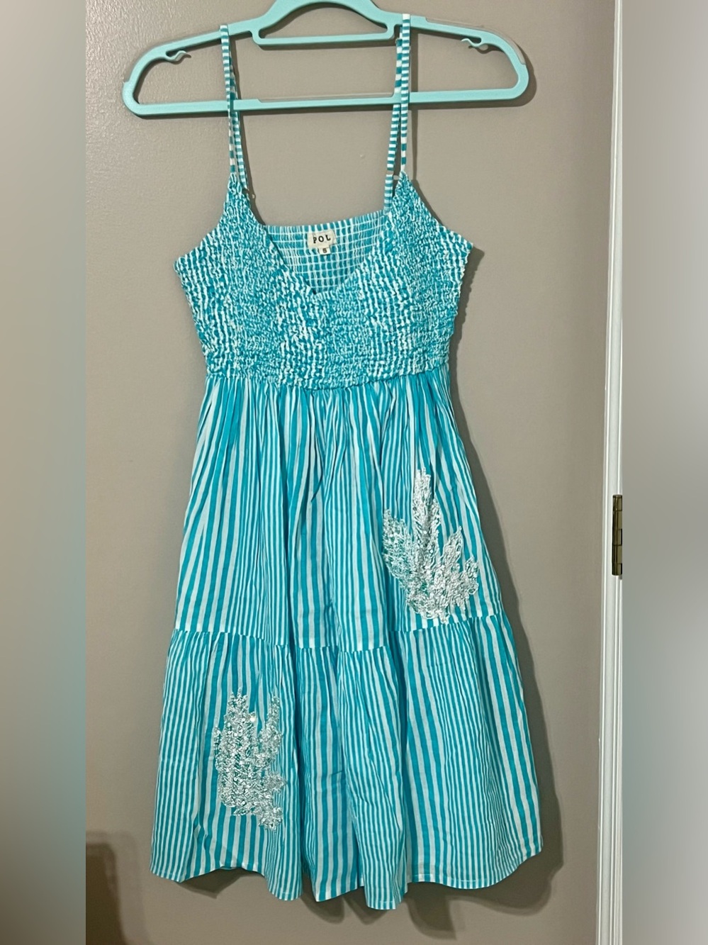 POL Turquoise & White Striped Smocked Mini Dress with Lace Beaded Appliqués - Picture 4 of 6